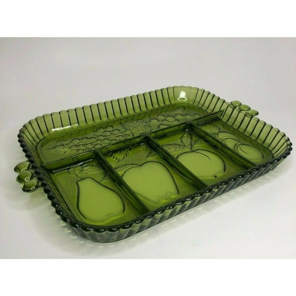 Vintage Olive Green Indiana Glass Divided Tray With Fruit Pattern Relish MidCent - Picture 4 of 9